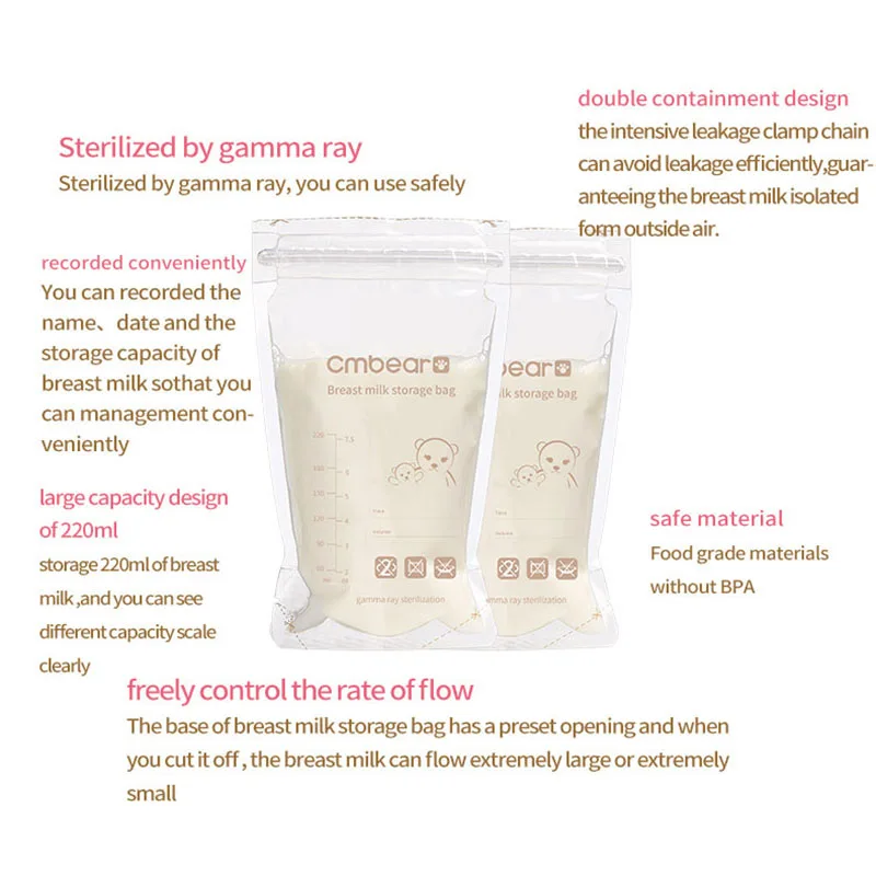 Cmbear 50 Pieces 220ml Milk Freezer Bags Mother Milk Baby Food Storage Breast Milk Storage Bag  Baby Safe Feeding Bags Feeding
