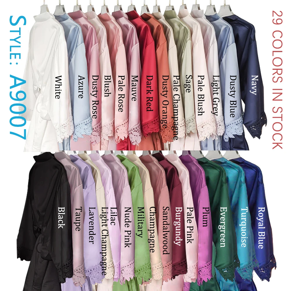 Women Dressing Gown Silk Satin Bathrobe Short Style Lace Trim Bridal Robe women sleepwear bride robes silk robe sleepwear pajamas