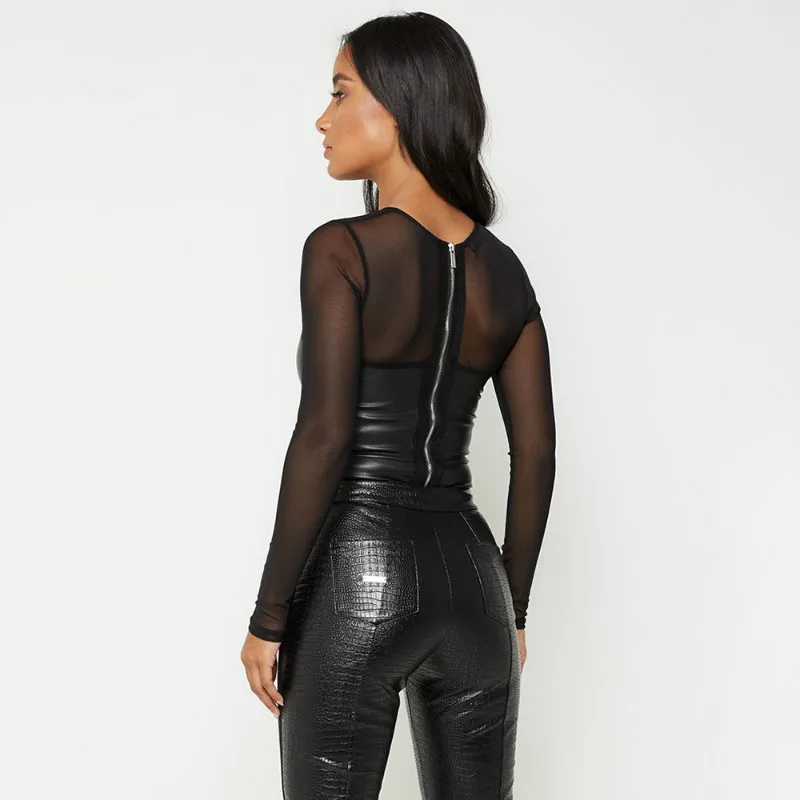 NCLAGEN Ladies Sexy Transparent Mesh PU Patchwork Long Sleeve Party Bodysuits Striped Eyelet Clubwear Active Bodycon
