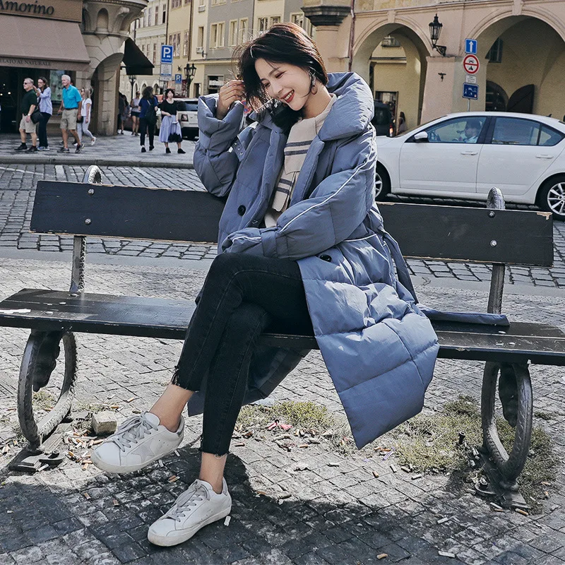 Hong Kong Style Thick Long Lace-up Cotton Coat Women's Winter Style Students Cotton-padded Jacket down Feather Cotton-padde