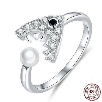 

Sterling Silver 925 Shark with Pearl Open Ajustable Finger Rings Female Jewelry Accessories Bijoux 2019 New SCR615