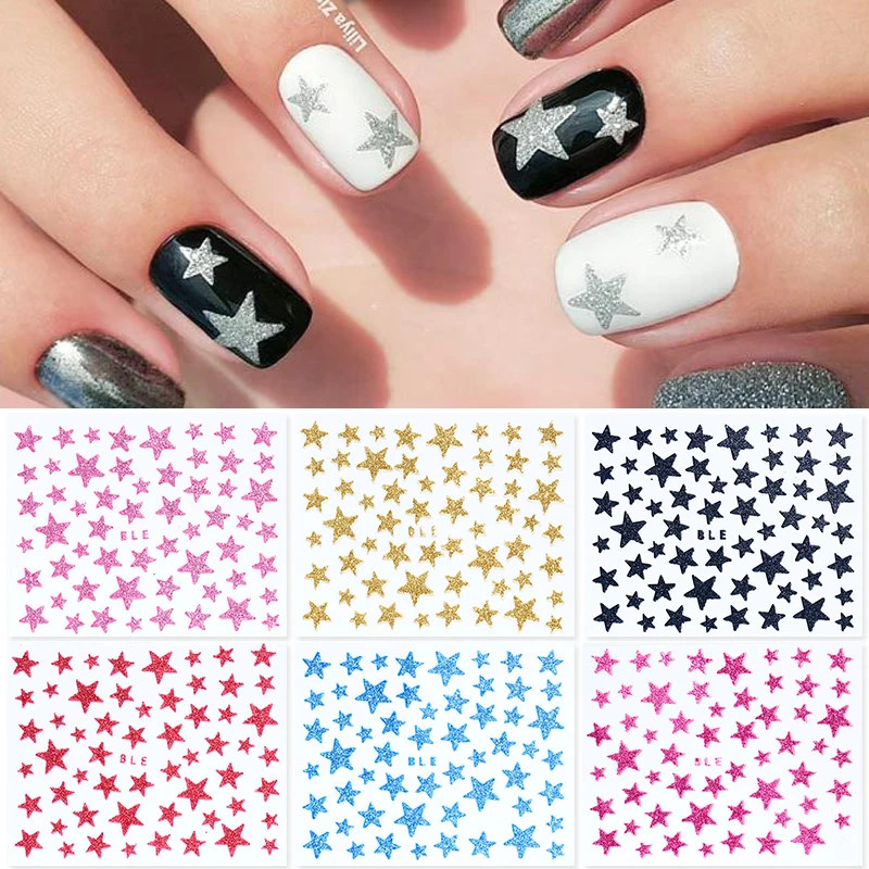 

1 Sheet 3D Nail Slider Stars Glitter Shiny Decoration Decal DIY Transfer Adhesive Colorful Nail Art Tips