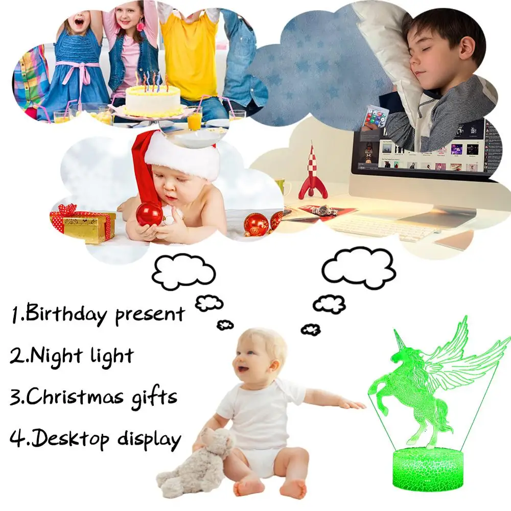 Единорог светодиодный 3d ночник удаленное животное настольная лампа Иллюзия 16