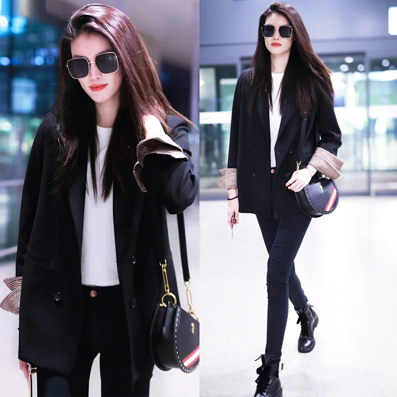 

Hong Kong Style 2019 Spring New Style Versatile Classic Black Suit Coat Women's Mid-length Loose-Fit Slimming Leisure Suit