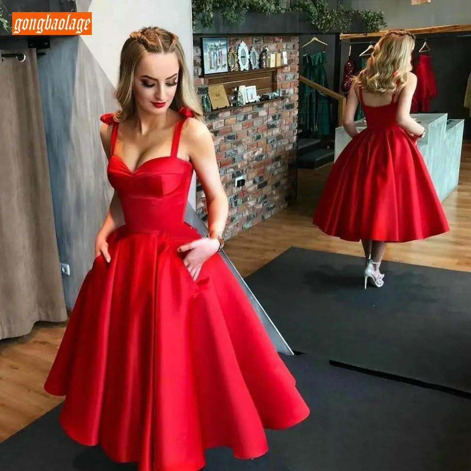 Романтический Boho красные платья для выпускного милое на тонких бретельках из сатина длиной до середины икры официальная Вечеринка платье по индивидуальному заказу для девочек вечерние платья