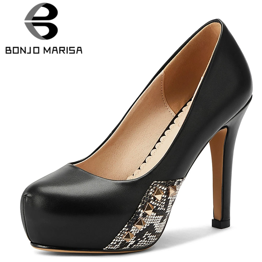 

BONJOMARISA New Ladies Fashion Party Patchwork Pumps Unique Rivet Decorating Pumps Women High Heels Shoes Woman