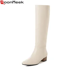 MoonMeek/; лидер продаж; простые зимние сапоги до колена; женская обувь на среднем каблуке с квадратным носком; 2 цвета; женские сапоги из натуральной кожи
