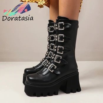 

DORATASIA Cool Women Brand Designer Casual Shoes Chunky Heel Boots Women Buckle Platform Chunky Heel Winter Boots