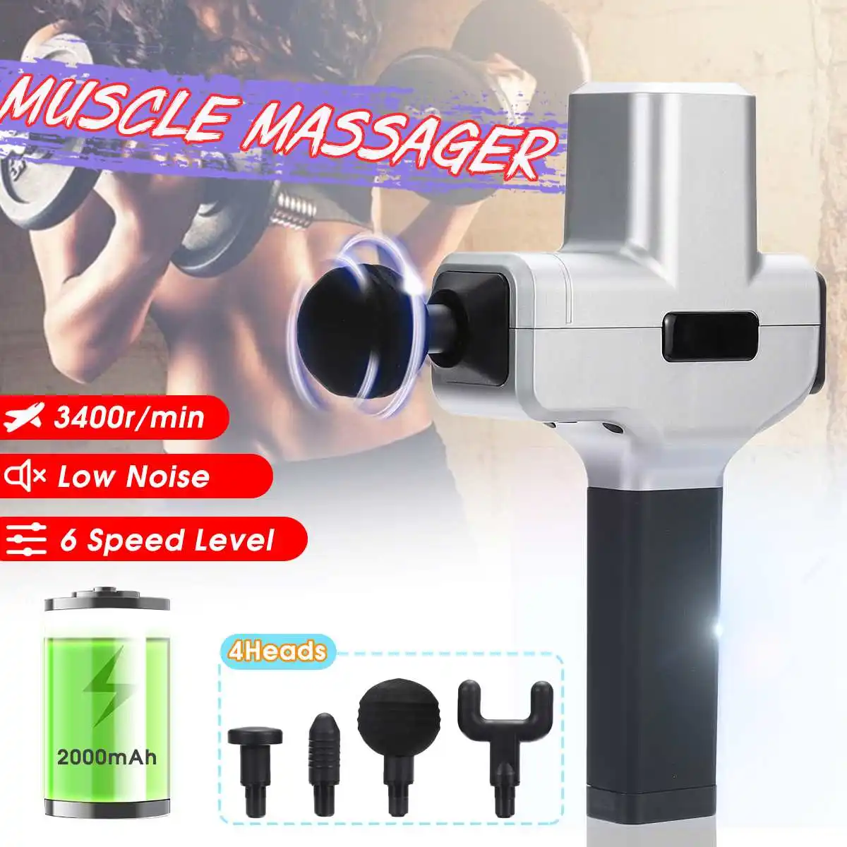 

3400r/min Electric Muscle Massager Fascia Massage Gun Deep Vibration Muscle Fitness Equipment with Bag