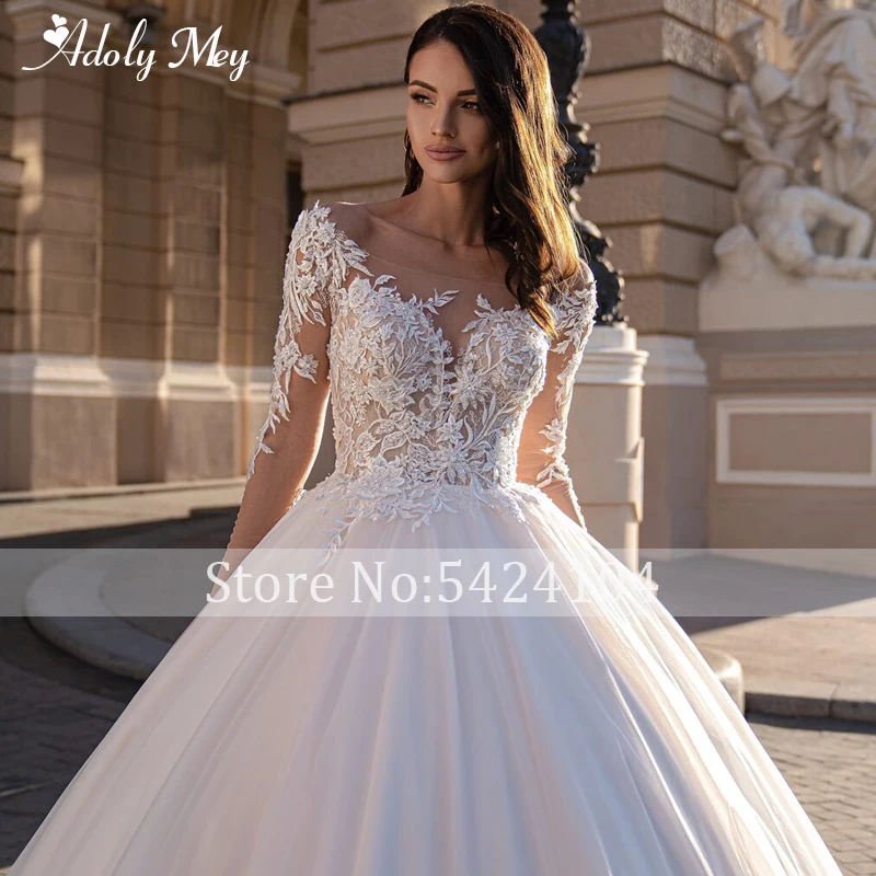 Adoly Mey Elegant Scoop Neck Long Sleeve Ball Gown Wedding Dress 2022 Luxury Beading Appliques Court Train Princess Bridal Gown reception dress for bride