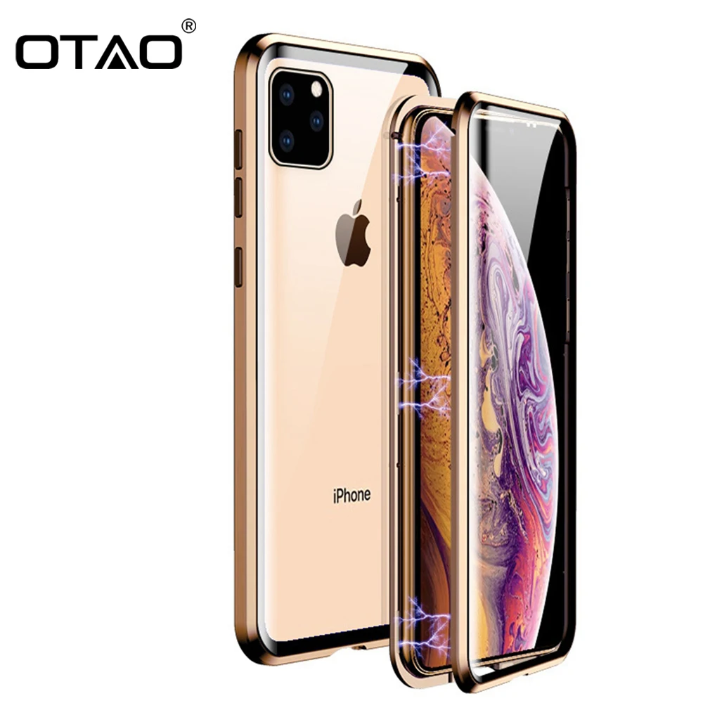 OTAO, металлический магнитный чехол для iPhone 11 Pro MAX, двухсторонний стеклянный Магнитный чехол на заднюю панель для iPhone 11, полный Чехол, флип-чехол