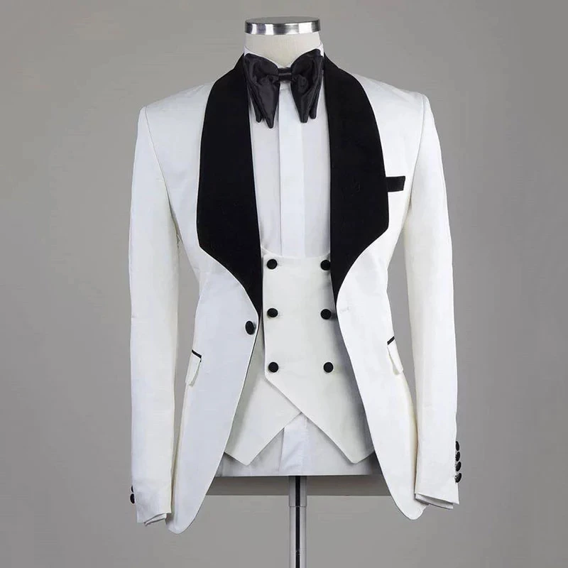 

Индивидуальный заказ белый Для мужчин костюм 3 предмета Slim Fit костюмы на выпускной, свадьбу для Для мужчин одежда самого современного дизайна Формальные смокинг жениха куртка, жилет и брюки
