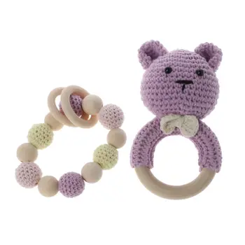 

Baby Wooden Teether Bracelet Set Crochet Animal Teething Rattle Ring Chewing Toy