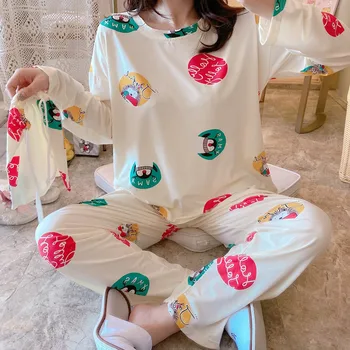 

2Pcs New Princess Style Pajamas 2020 Spring Autumn Women Pyjamas Set Cute Long Sleeve Women Sleepwear Long Pant Simple Pijamas