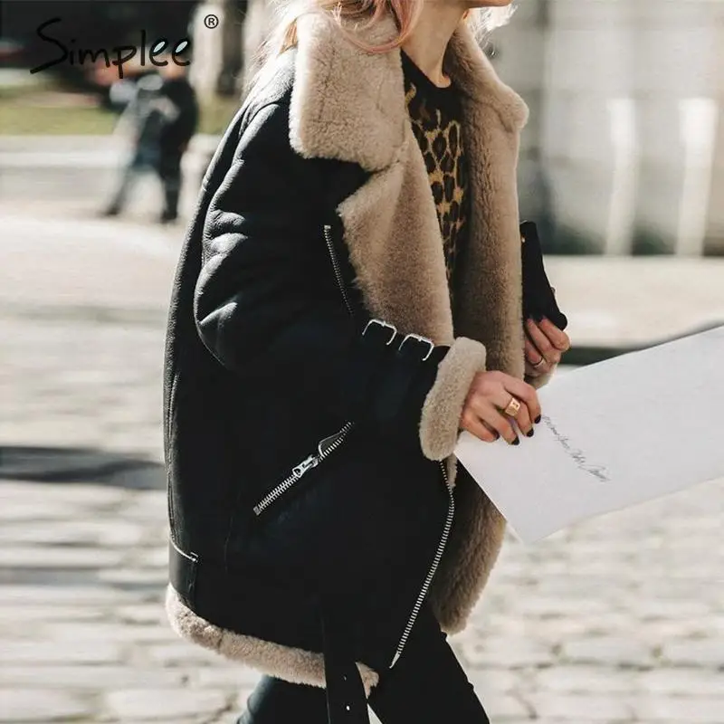 

Simplee Thick warm women jacket coat PU Leather lamb hair motorcycle bomber female coat Winter plus size ladies outwear jackets