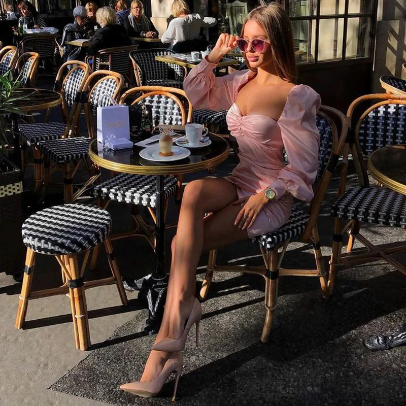 INDRESSME, новинка, с рюшами, с открытой спиной, облегающее, для женщин, вечерние, для клуба, Vestidos, сексуальное, с низким вырезом, с длинным пышным рукавом, плиссированное мини-платье