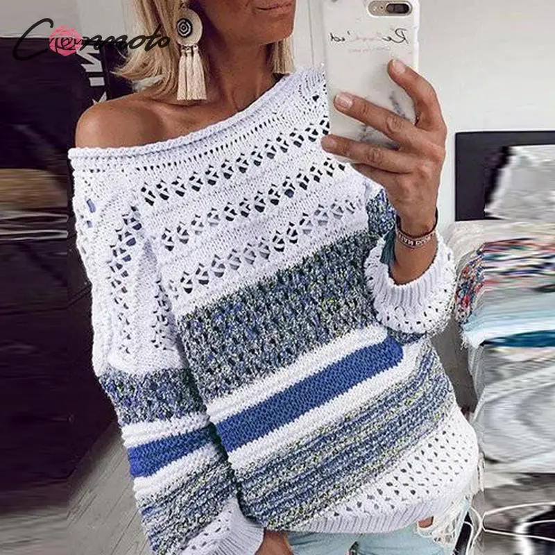 

Conmoto Women Fashion Hollow Out Multicolor Striped Pullovers 2019 Autumn Winter High Street Knitted Tops Female Loose Sweaters