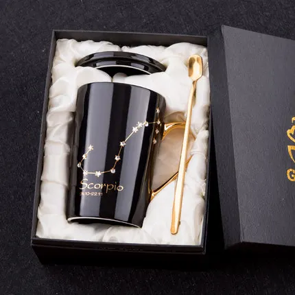 Black Scorpio 12 созвездий креативные керамические кружки с ложкой крышкой черный и Золотой фарфор Зодиак молоко кофе чашка 420 мл воды посуда для напитков - Цвет: Black Scorpio