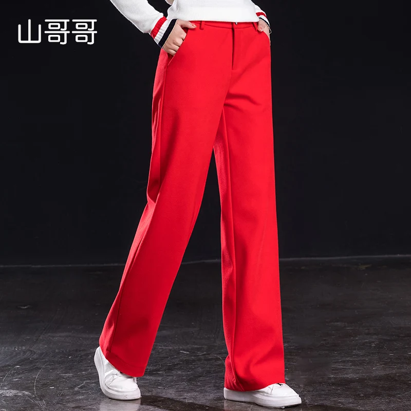 

Shangege red women high waist wide leg wool pants straight loose long trousers free shipping