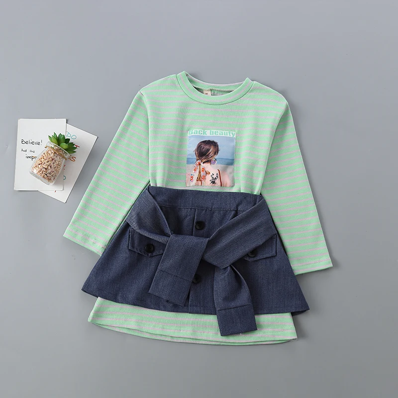 

2-7 years high quality girls clothing set 2019 new autumn fashion casual stripe Dress + skirt kid children clothing