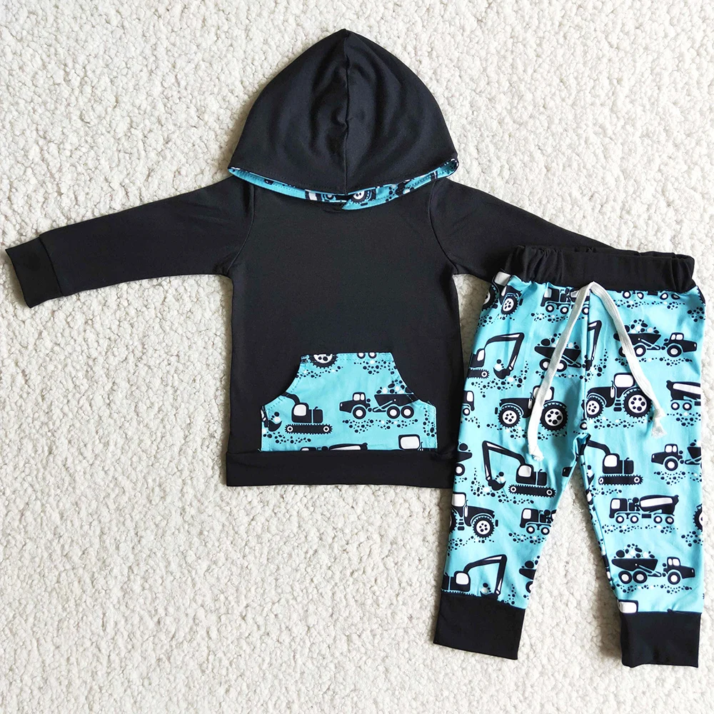 

Hot Sale Kids Designer Clothes Boys Hoodie Sets Excavator Car Print Fashion Baby Boy Clothing Boutique Toddler Outfits Wholesale