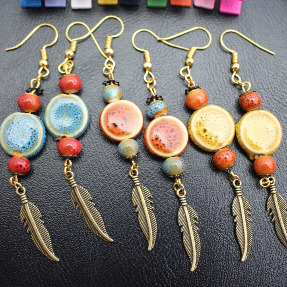 

Bohemian Style Gold Metal Leaf Long Dangle Earring Vintage Pendientes Multi-colors Ceramics Beads Drop Earrings for Women Z3D309