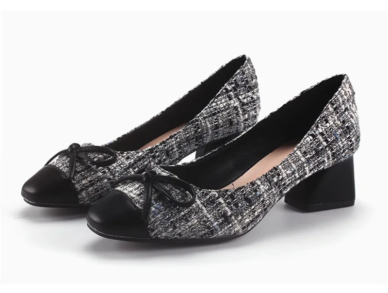 Korean Plaid Single High Heels Pumps Shoes Woman 2020 New Square Toe Thick Heels Women Pumps Fashion Bow High Heel Women's Shoes (7)