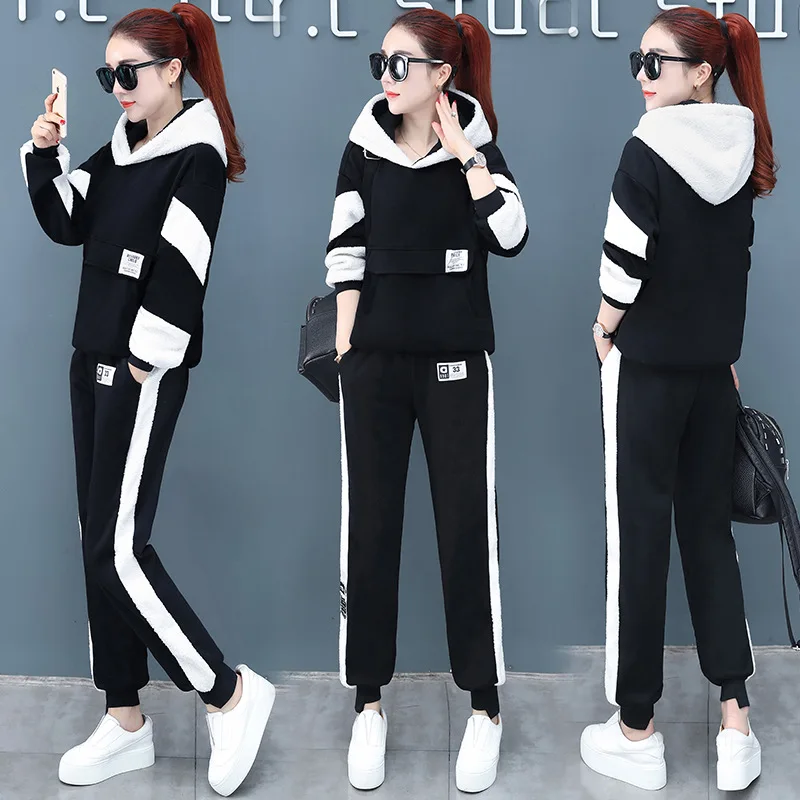 

winter thick fleece women sportswear tracksuit loose hoodie running jogging workout casual outfit set sport suit sweatshirt+pant