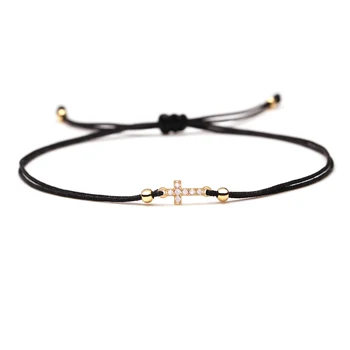 Mini Copper Cross CZ Crystal Silk Thread Braided Bracelets Women Men High Quality Black Pink Red String Tiny Zircon Jewelry Her