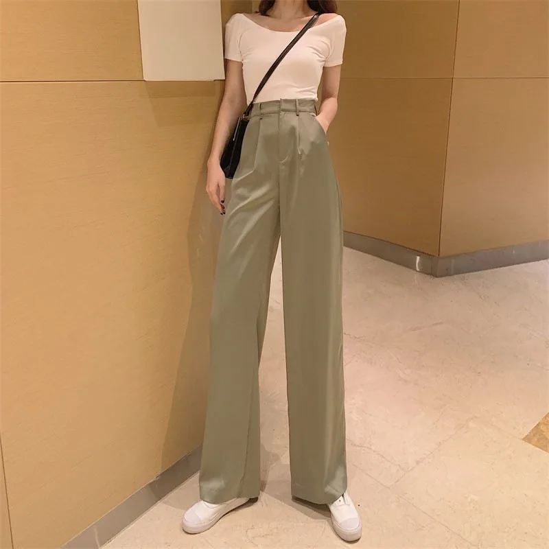 2020 Summer Women High Waist Wide Leg Trousers Korean New Office elegance Ins Thin Straight Pants Casual Pants Lady