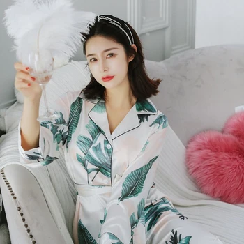 

Pajamas woman summer long sleeve trousers two-piece lapel casual printing sexy pajamas soft bathrobe comfortable pijamas women