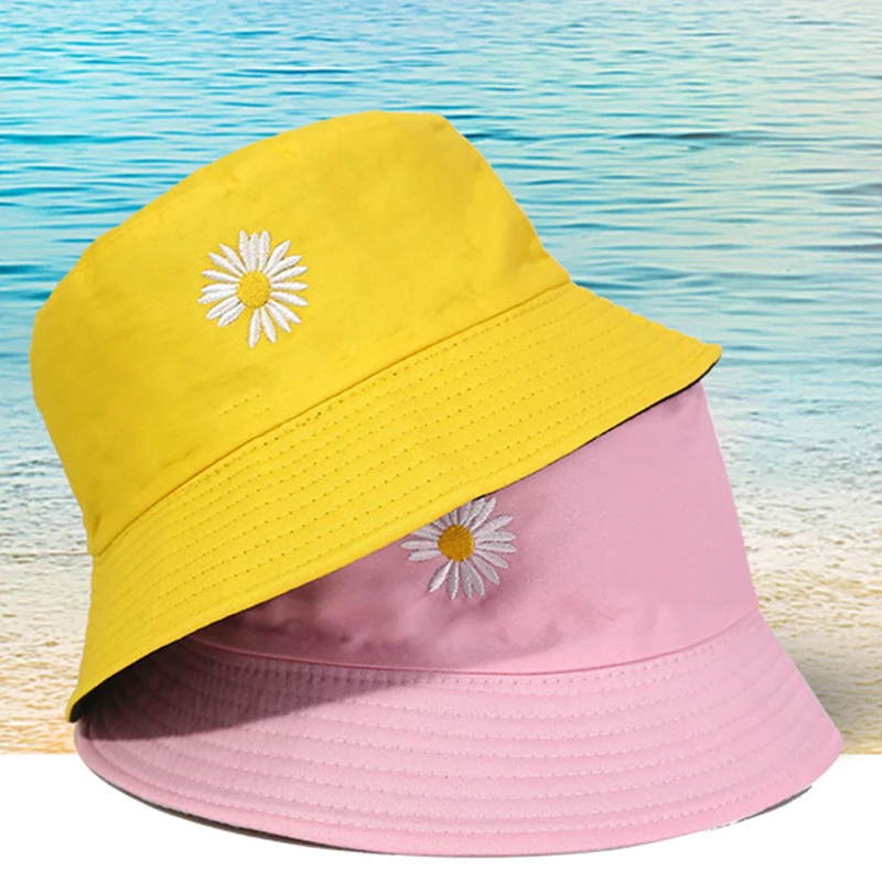 ladies bucket hat TON Women Bucket Fishing Hats Embroidery Daisies Cap Double-sided Wear lady Fisherman Hat Panama Casual hat for Women Gifts womens bucket hat with string