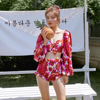 

Swim Suit Women Swimwear Two Pieces Rash Guard Swimsuit Summer Ins Print Lantern Long Sleeve High Waist Bikini Bathing Spandex
