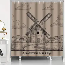 

Farmhouse Shower Curtain Bathroom Curtains Ranch Tan Hand-Painted Big Windmill Country Style Bathtub Screen Waterproof With Hook