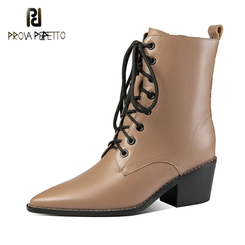 

Cowhide Pointed Toe Cross-lace Side Zipper Short Boots with Square Heel Thick-soled Autumn and Winter New Fashion Boots