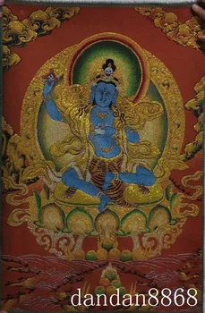 36 pulgadas Tibet bordado de seda 6 brazos Mahakala colérico Dios Buda Tangka pintura Mural