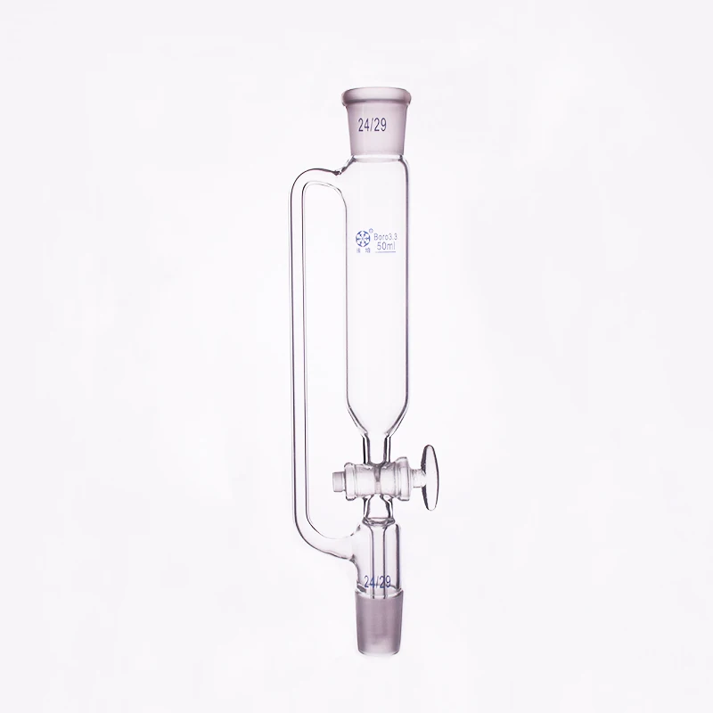 Separatory funnel constant pressure cylindrical shape,standard ground mouth.Capacity 50ml,Joint 24/29+24/29,Glass switch valve