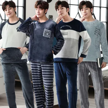 

Autumn and Winter Men's Coral Fleece Pajamas Long-sleeved Thickened Plus Fleece Youth Pigiama Uomo Flannel Home Service Suit New