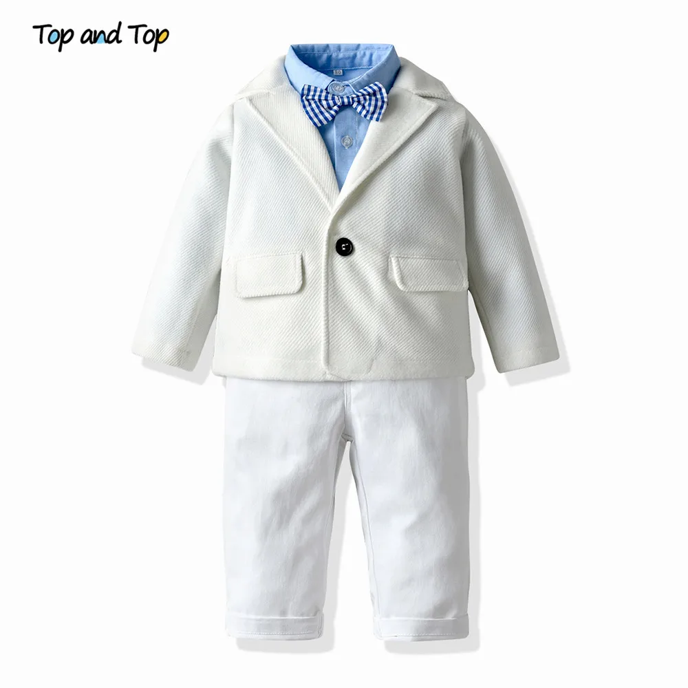 Топ и топ, модный детский Костюм Джентльмена для мальчиков хлопковое пальто+ рубашка с бантом с длинными рукавами+ штаны на подтяжках комплект одежды для мальчиков - Цвет: Белый
