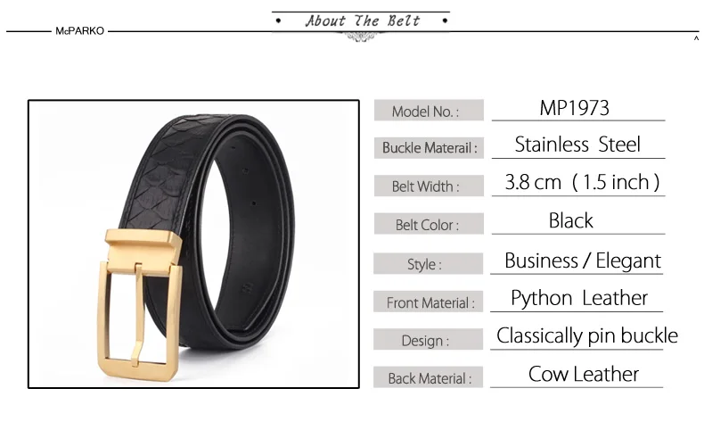 McParko ремень из натуральной кожи питона мужской ремень с пряжкой классический деловой пояс из змеиной кожи черный