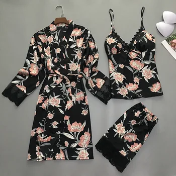 

Women Pyjamas Lace Printing Sexy Sleepwear Female Summer Satin Pajamas for Women Pijama Kimono High Quality Elegant Silk Pajamas