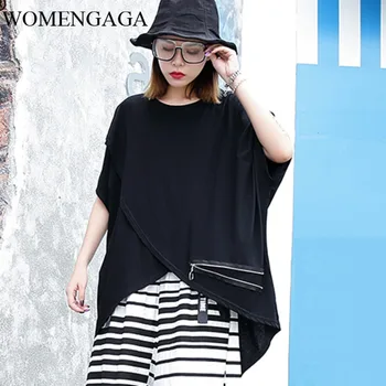 

Loose Women Black Zipper Split Back Long Big Size T-shirt Round Neck Half Sleeve Fashion Tide Spring Summer 2020 0UQM