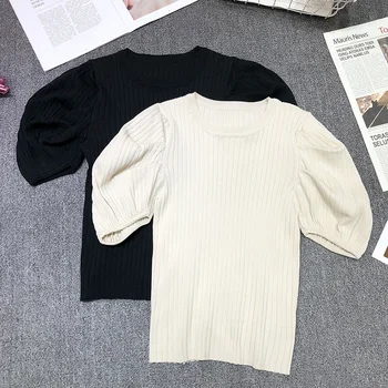 

[EWQ] 2020 Spring Summer New Arrivals O-neck Short Sleeve Solid Pattern Women Casual Temperament Knitted T-shirt AW64900S