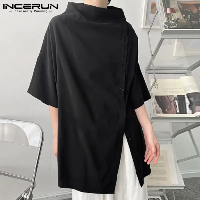 Men Casual Shirt Solid Color Turtleneck Half Sleeve Streetwear Camisa Masculina Fashion Button Up Personality Tops INCERUN men casual shirt