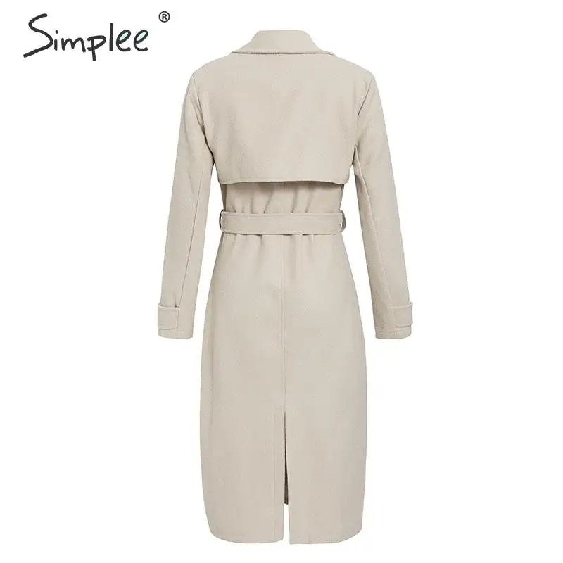 Simplee Wool blend winter tweed coat women Long sleeve elegant sash belt female outwear coat Autumn winter streetwear coat