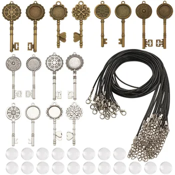 

1 set 24pcs Tibetan Style Key Alloy Pendant Rhinestone Cabochon Settings Waxed Cord Necklace Making Transparent Glass Cabochons