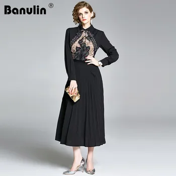 

2020 Spring Fashion Runway Maxi Dresses Women's Long Sleeve Floral Print Patchwork Vintage Black Dress Elegant Party Dress
