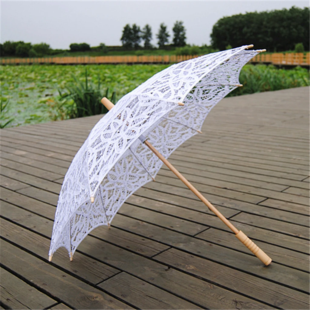 Fashion Lace Umbrella Parasol with Folding Hand Fan for Wedding Photography Dance Prop White