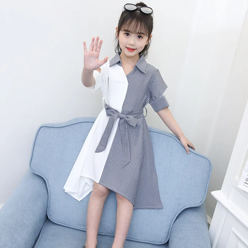 

Girls' Short Sleeve Shirt Long Sleeve Stripes Splicing Dress 2019 Hot Selling Autumn Hipster Contrast Color Princess Dress Big B