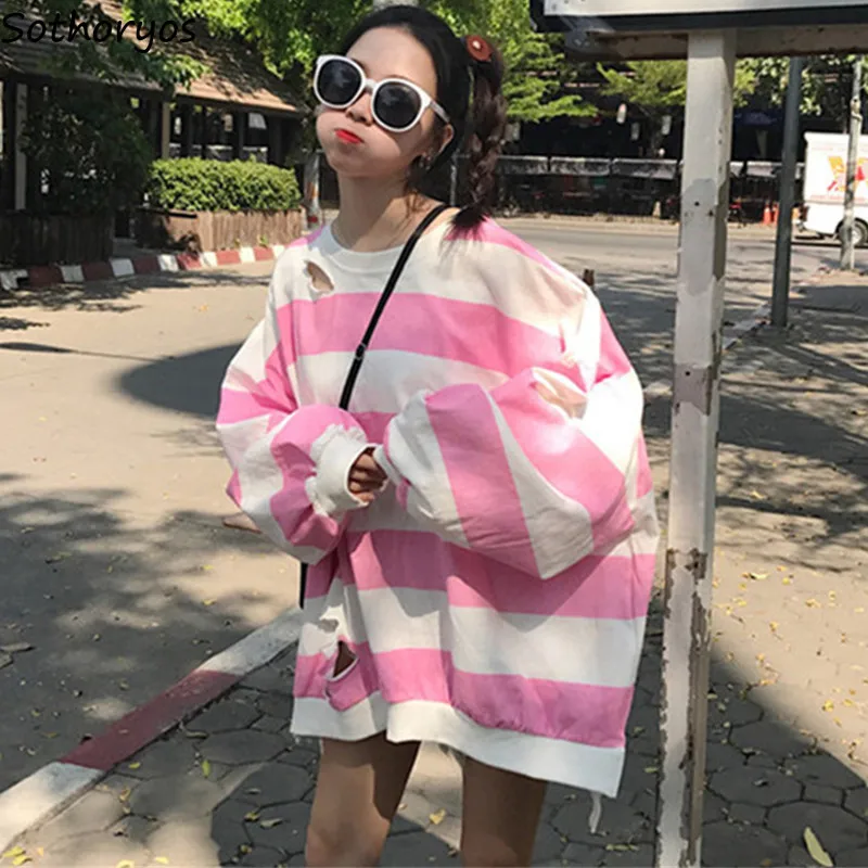 

Hoodies Women Long Sleeve Female Korean Style Student Loose Harajuku Spring Autumn Girl Thin Striped Pullovers Womens Sweatshirt